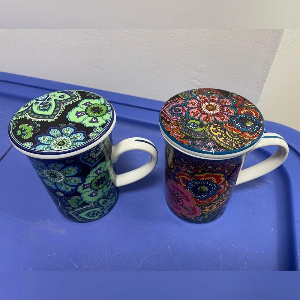 2 Gorgeous Paisley Vera Bradley Symphony in Hue & Blue Rhapsody Coffee Mugs/Lids - Picture 4 of 15